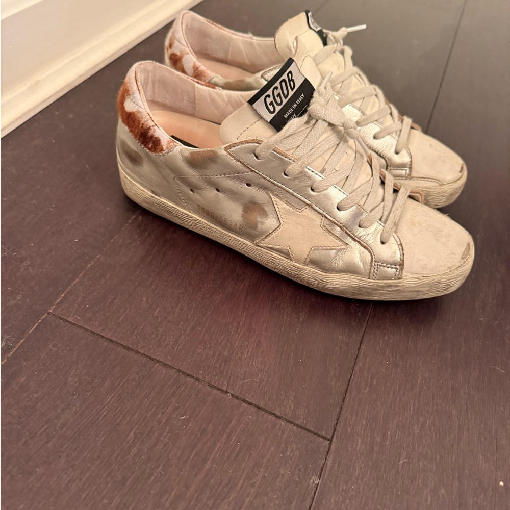 Golden Goose Metallic Silver and White Sneakers